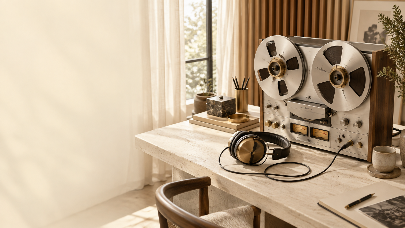 Reel recorder and headphones on a studio table
